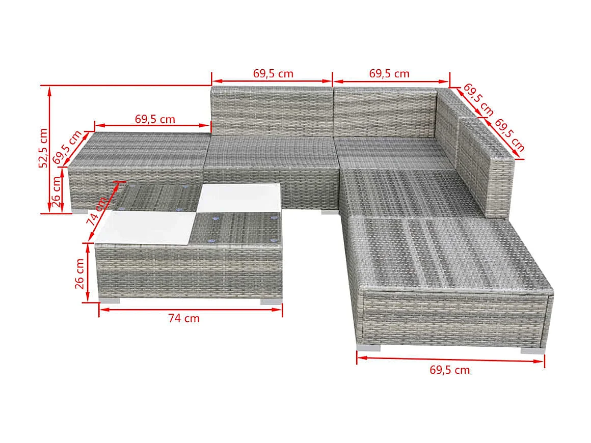 Salon de jardin 6 pcs avec coussins Résine tressée Gris