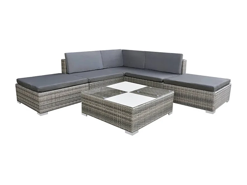 Salon de jardin 6 pcs avec coussins Résine tressée Gris