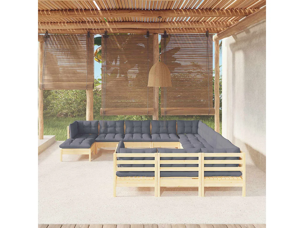 Muebles de jardín 12 pzas y cojines madera de pino gris