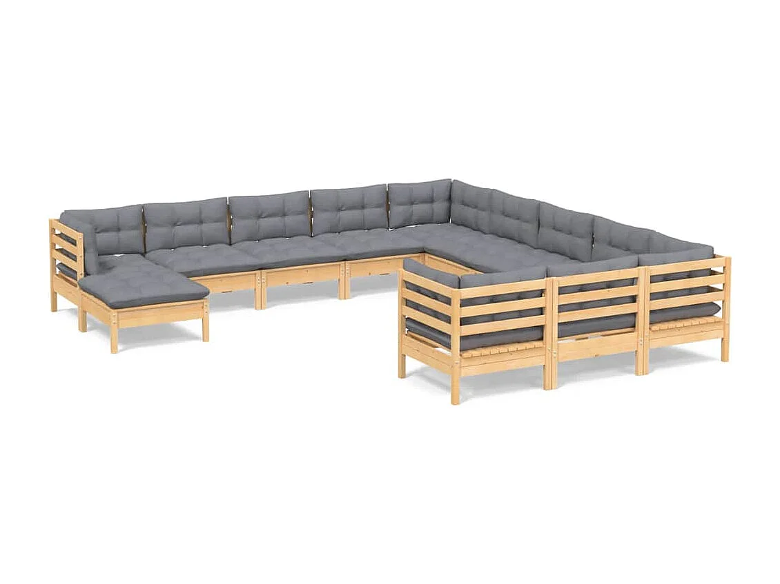 Muebles de jardín 12 pzas y cojines madera de pino gris