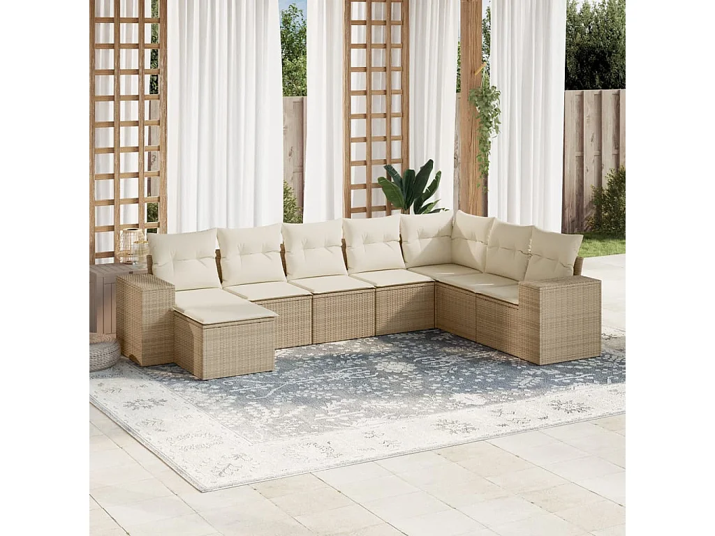 Salon de jardin avec coussins 8 pcs beige résine tressée
