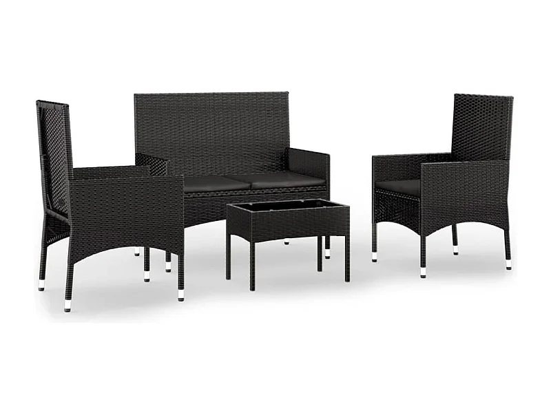 Salon de jardin 4 pcs avec coussins Noir Résine tressée