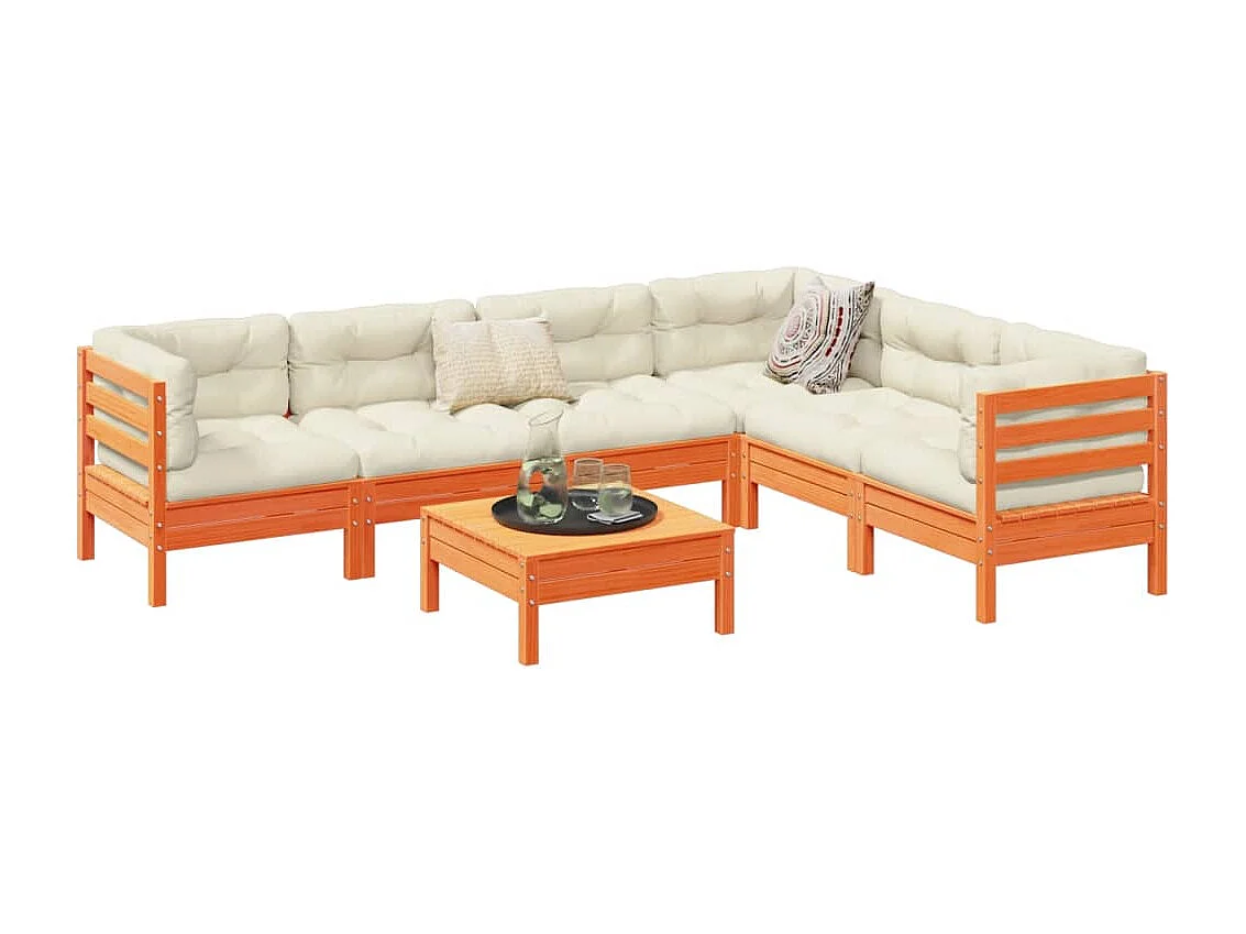 Salon de jardin 7 pcs avec coussins cire marron bois pin massif