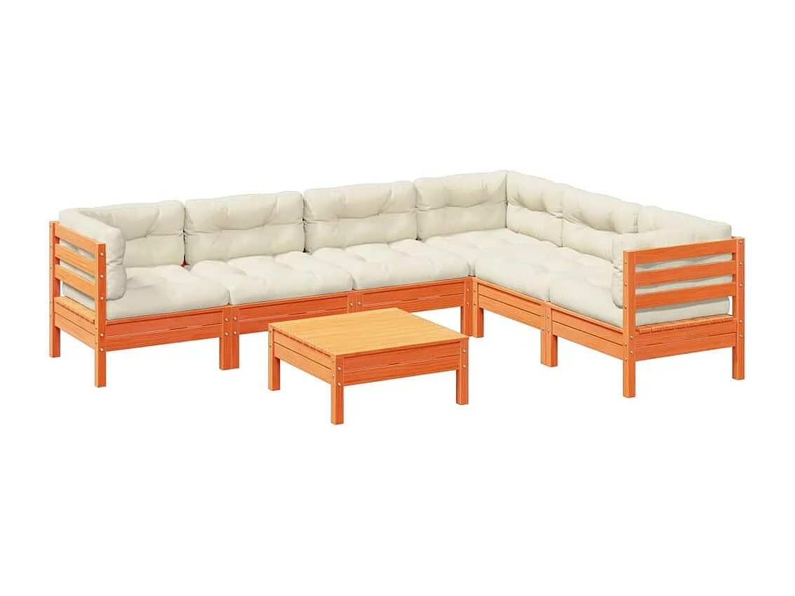 Salon de jardin 7 pcs avec coussins cire marron bois pin massif