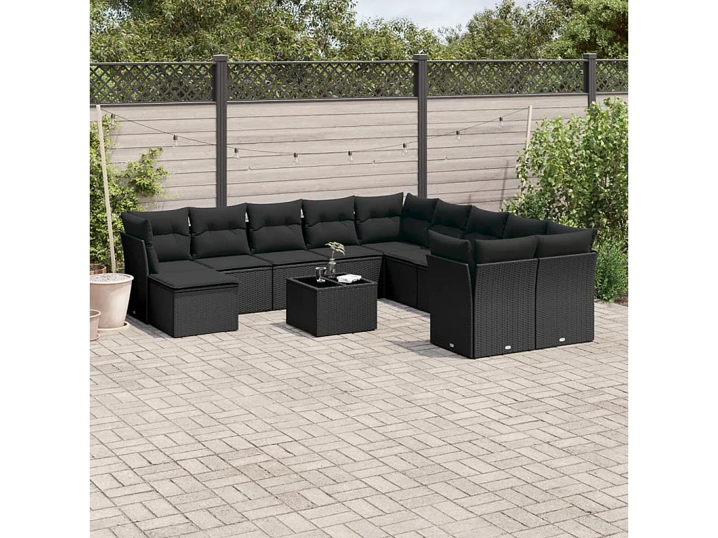 Salon de jardin 12 pcs avec coussins noir résine tressée