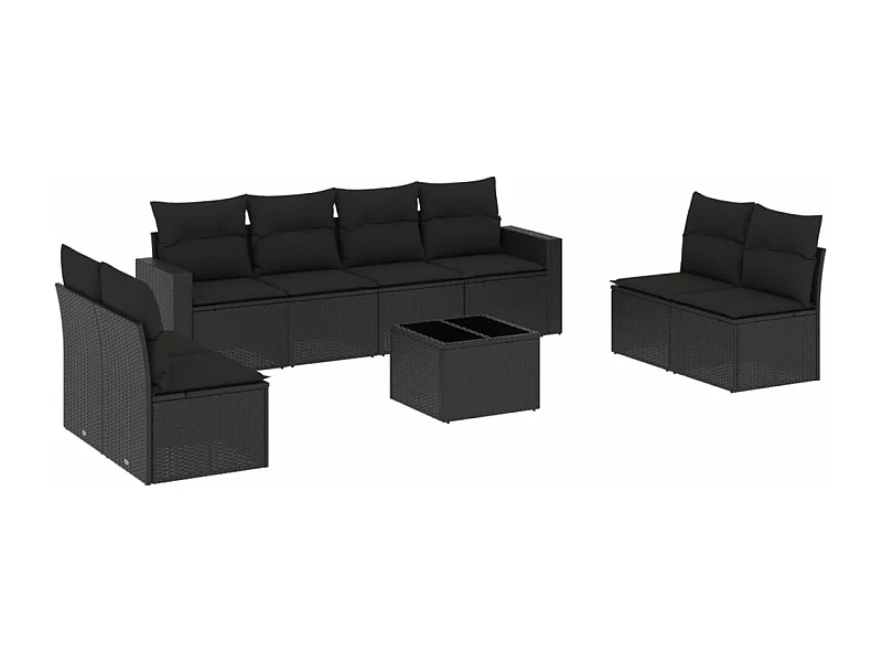 Salon de jardin 9 pcs avec coussins noir résine tressée