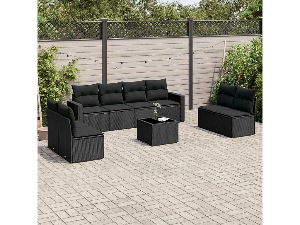 Salon de jardin 9 pcs avec coussins noir résine tressée