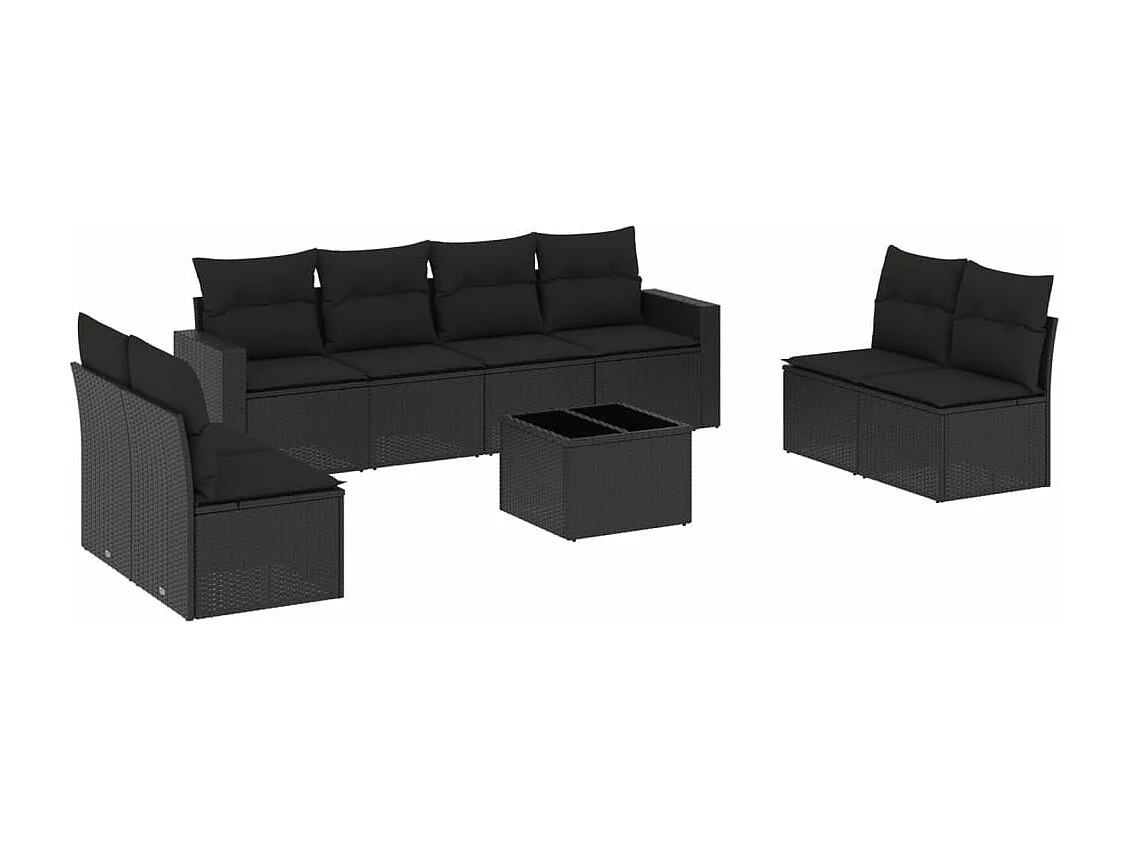 Salon de jardin 9 pcs avec coussins noir résine tressée