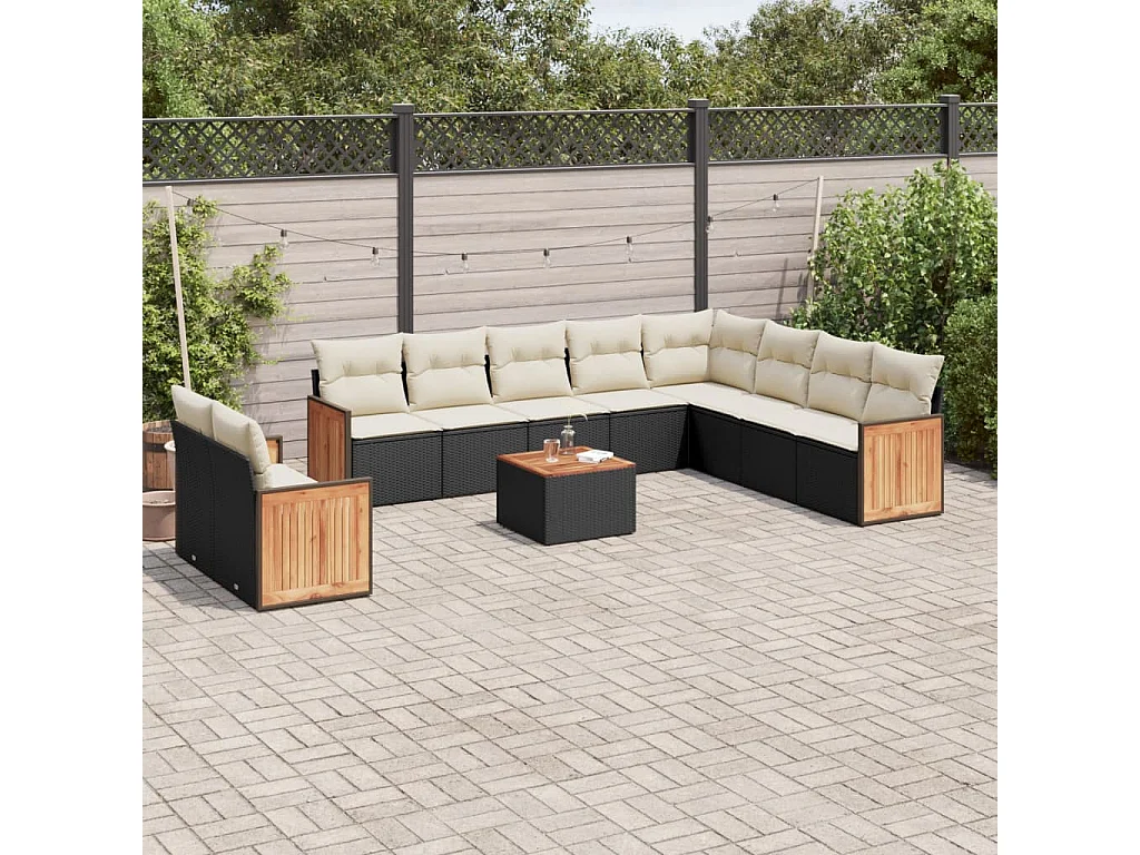 Salon de jardin 11 pcs avec coussins noir résine tressée