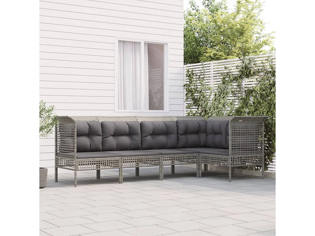 Salon de jardin 5 pcs avec coussins Gris Résine tressée