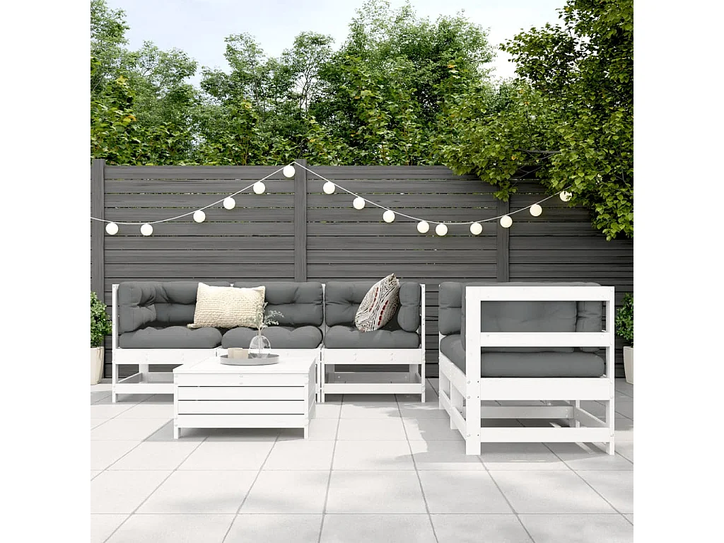 Salon de jardin 6 pcs blanc bois de pin massif