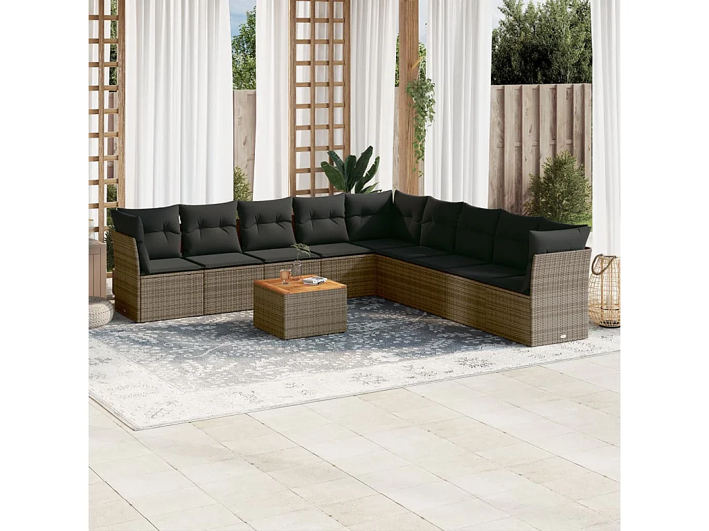 Salon de jardin avec coussins 10 pcs gris résine tressée
