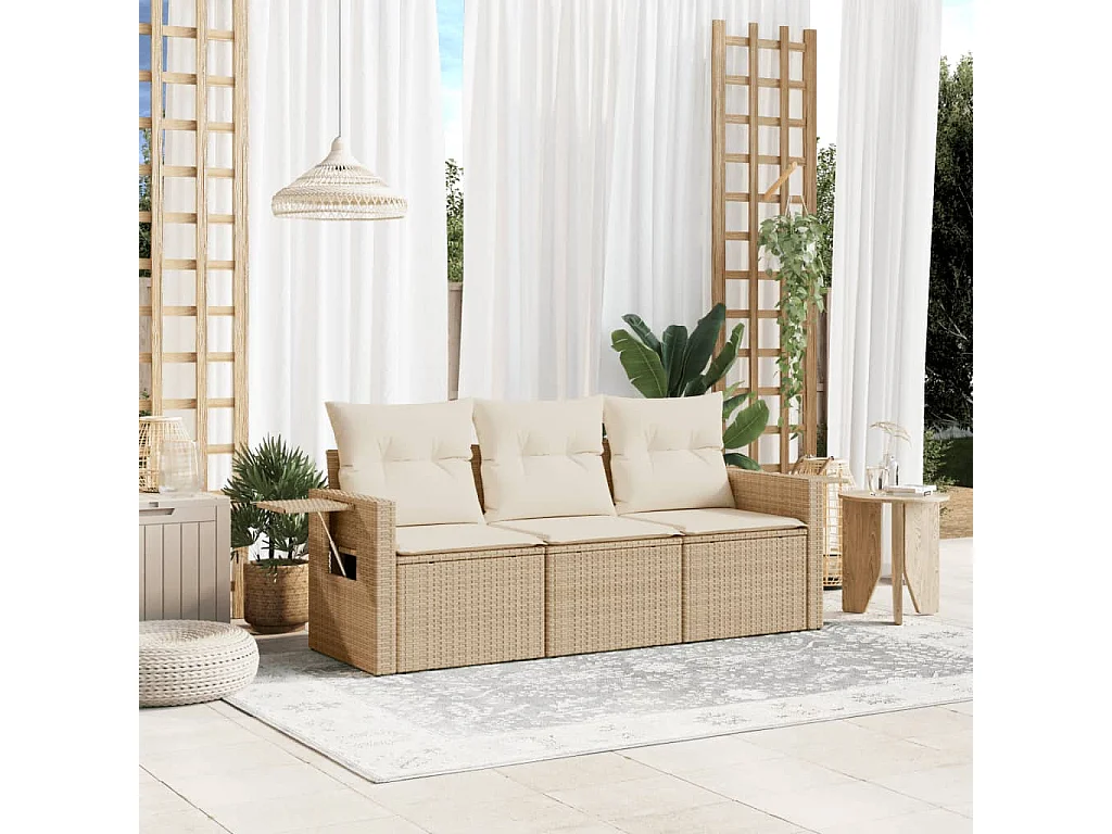 Salon de jardin avec coussins 3 pcs beige résine tressée