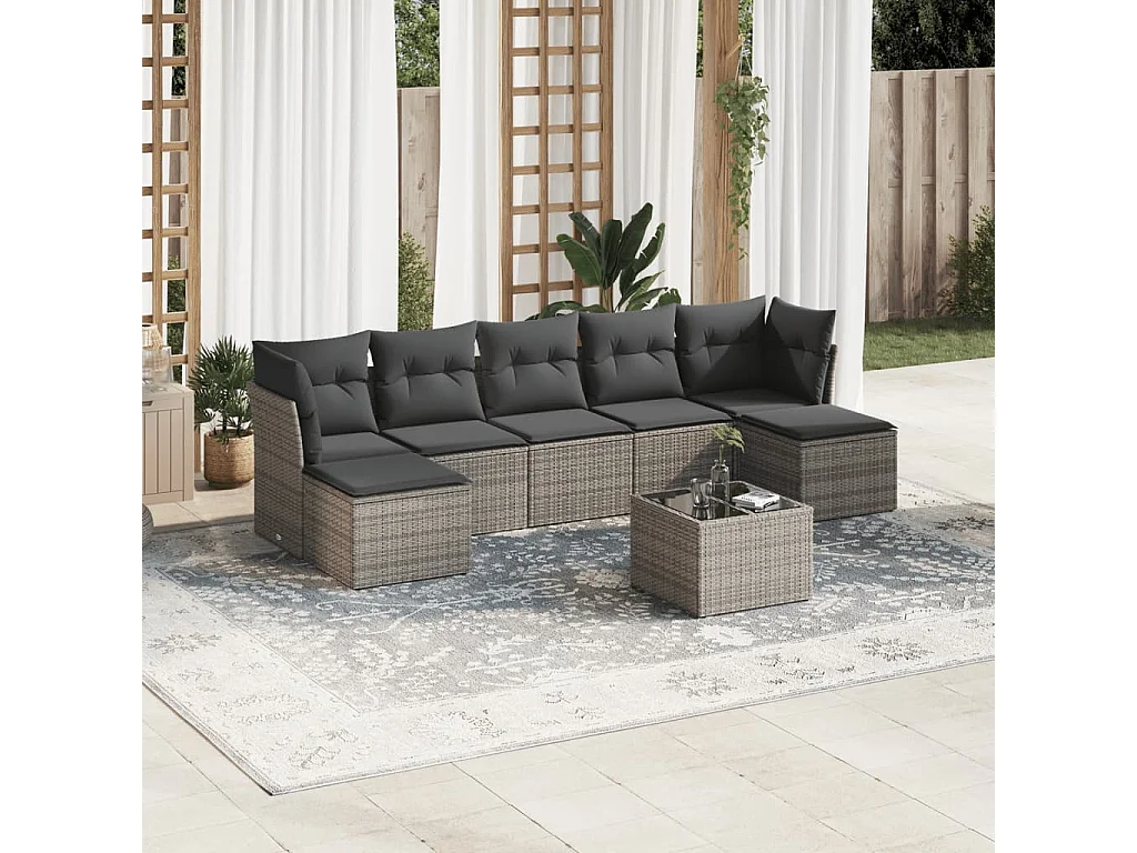 Salon de jardin 8 pcs avec coussins gris résine tressée
