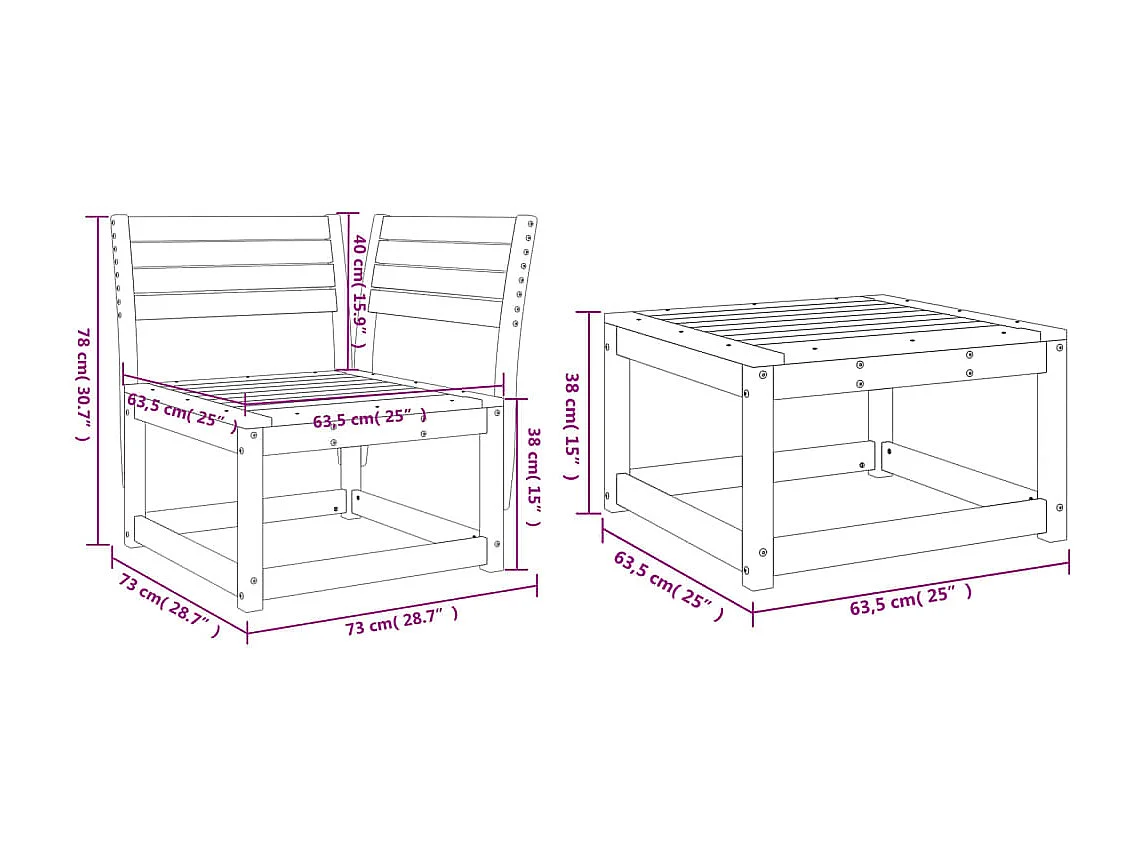 Salon de jardin 3 pcs blanc bois de pin massif