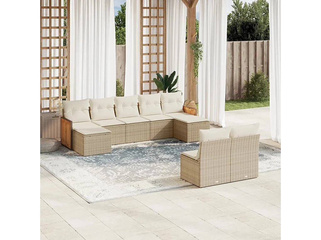Salon de jardin avec coussins 9 pcs beige résine tressée