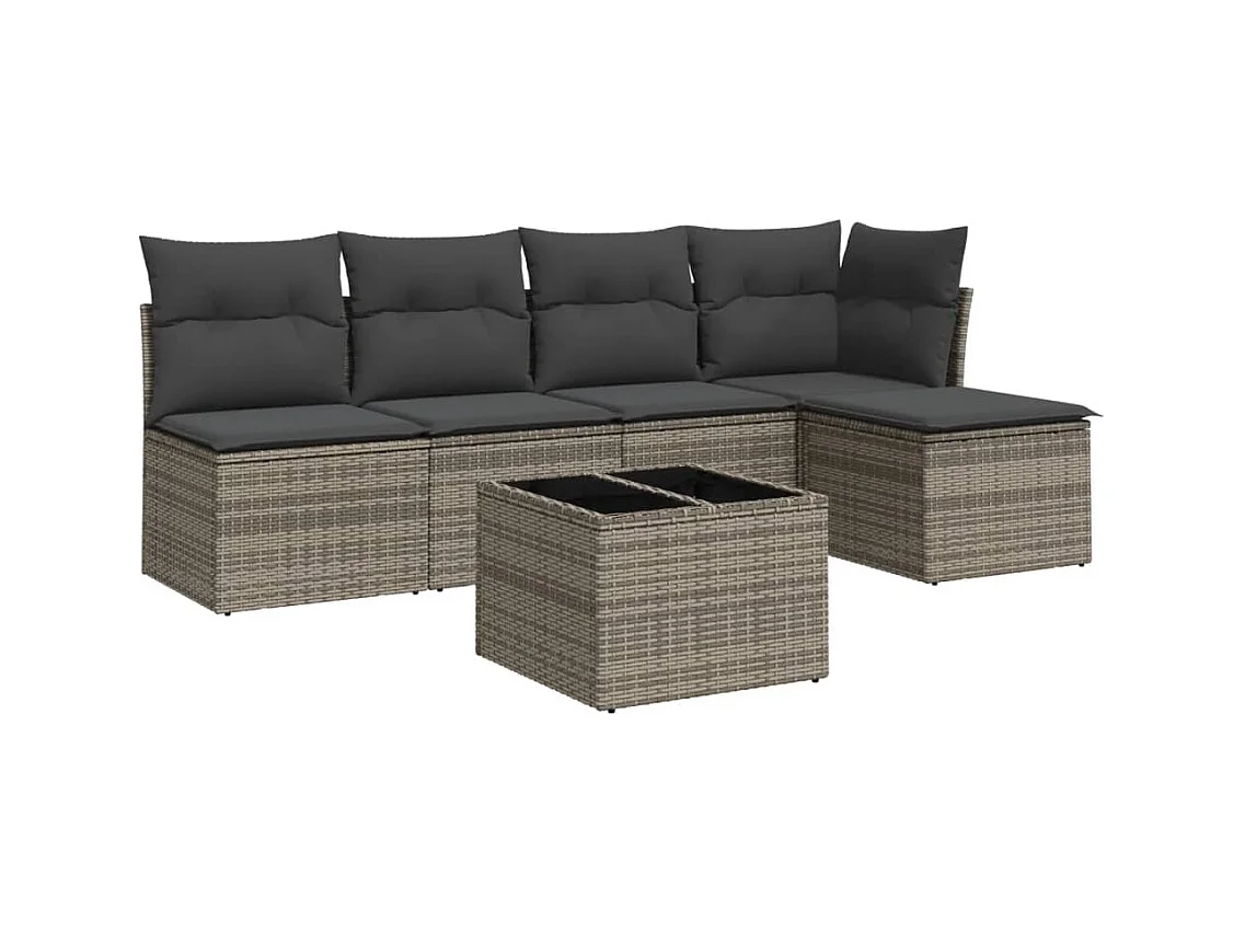 Salon de jardin 6 pcs avec coussins gris résine tressée