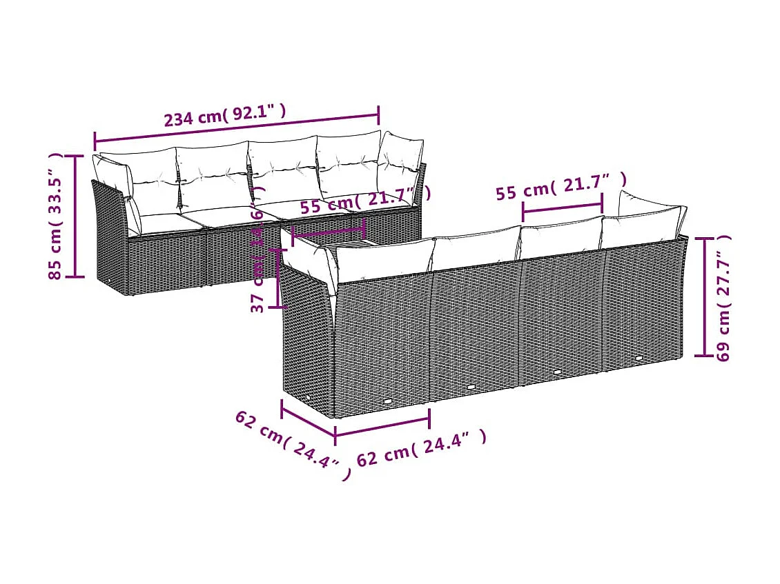 Salon de jardin 9 pcs avec coussins gris résine tressée