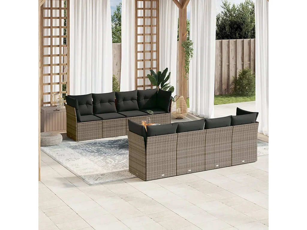 Salon de jardin 9 pcs avec coussins gris résine tressée
