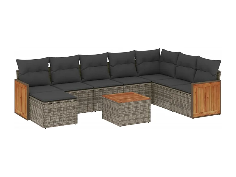 Salon de jardin 9 pcs avec coussins gris résine tressée