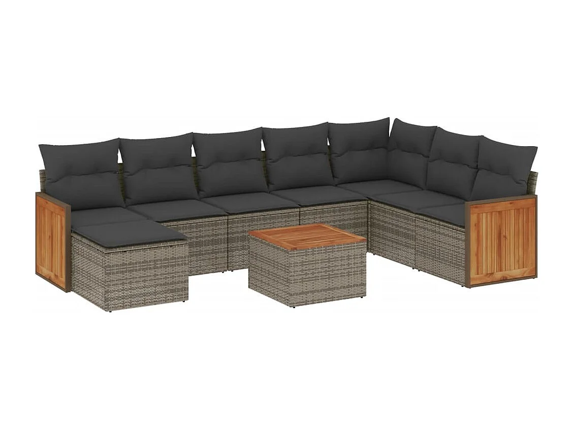 Salon de jardin 9 pcs avec coussins gris résine tressée