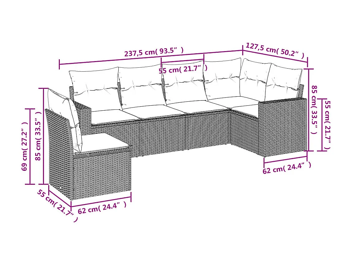 Salon de jardin 6 pcs avec coussins gris résine tressée