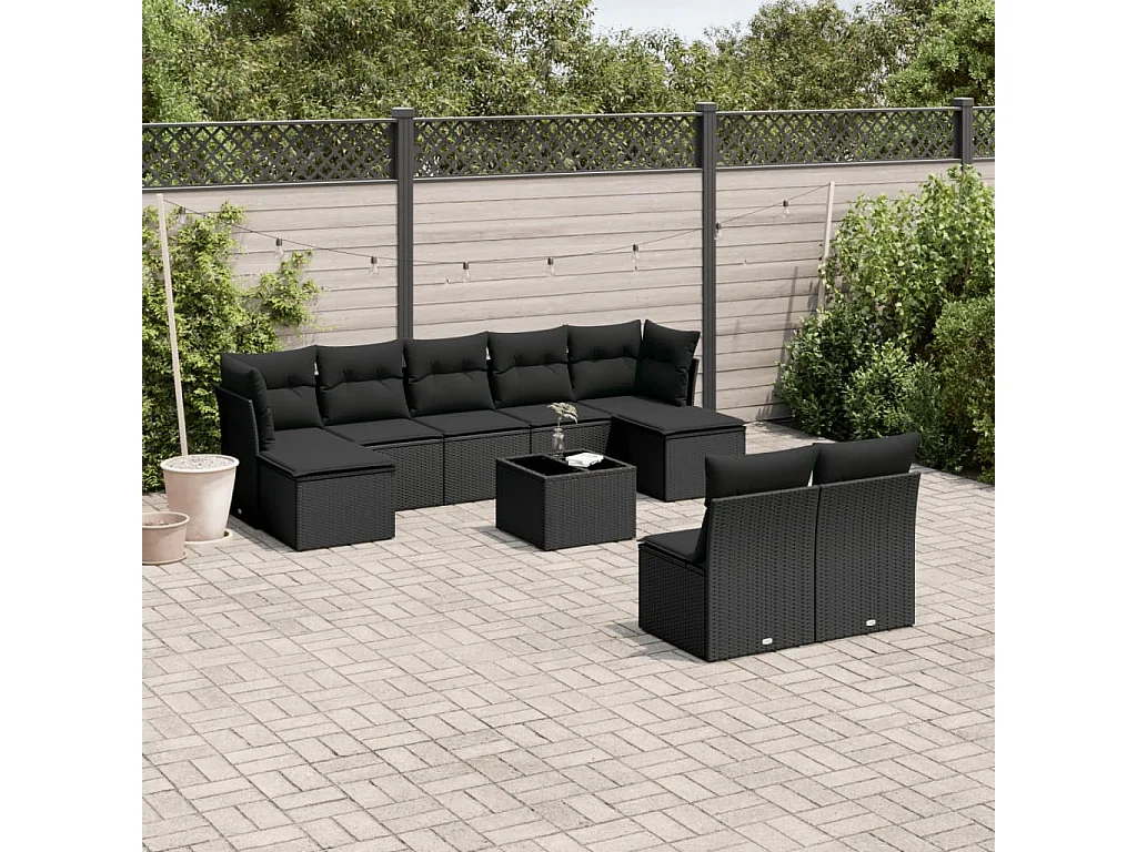 Salon de jardin 10 pcs avec coussins noir résine tressée