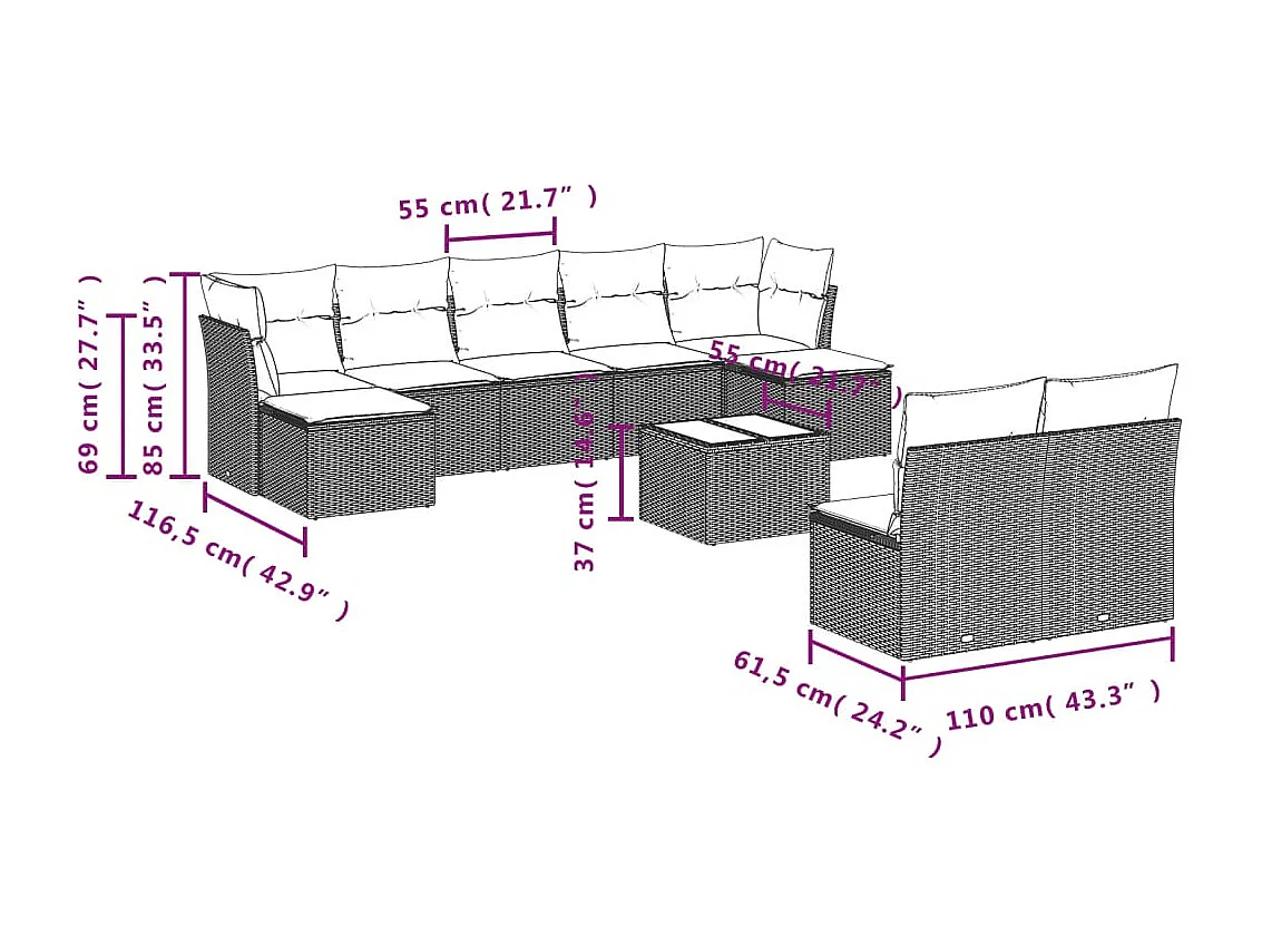 Salon de jardin 10 pcs avec coussins noir résine tressée