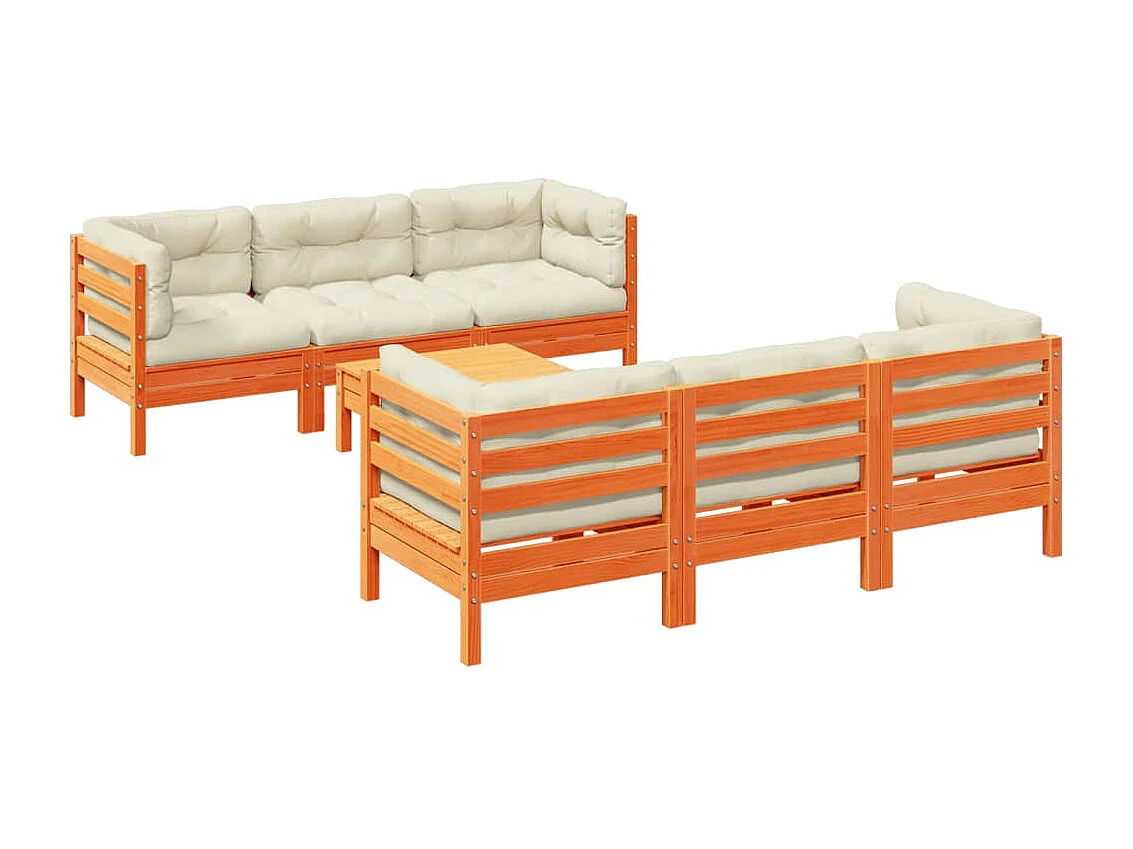 Salon de jardin 7 pcs avec coussins cire marron bois pin massif