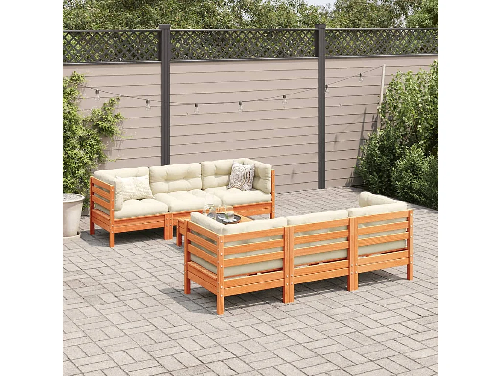 Salon de jardin 7 pcs avec coussins cire marron bois pin massif