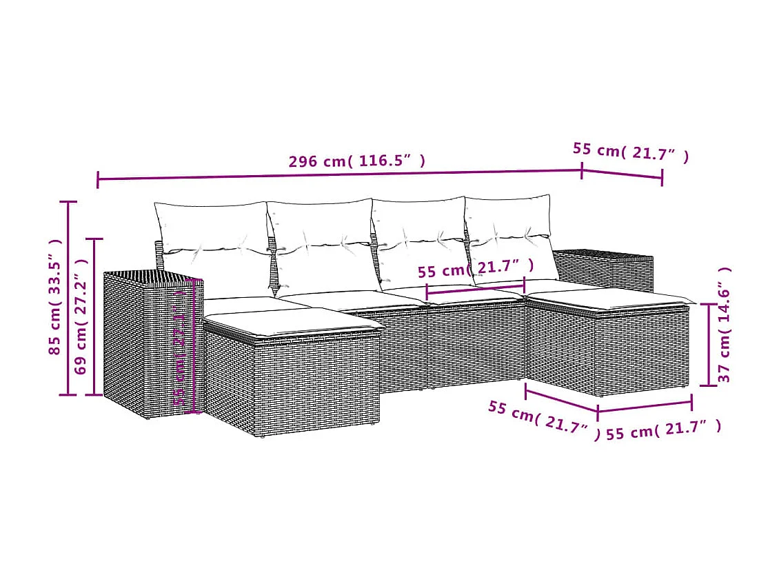 Salon de jardin 6 pcs avec coussins gris résine tressée