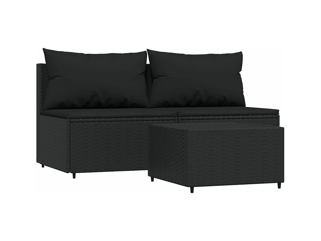 Salon de jardin 3 pcs avec coussins Noir Résine tressée