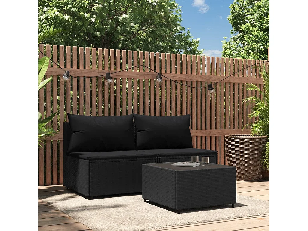 Salon de jardin 3 pcs avec coussins Noir Résine tressée