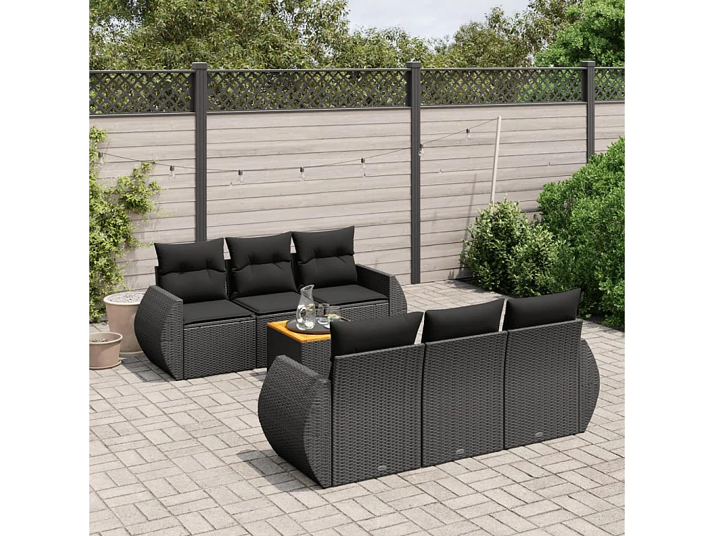 Salon de jardin 7 pcs avec coussins noir résine tressée