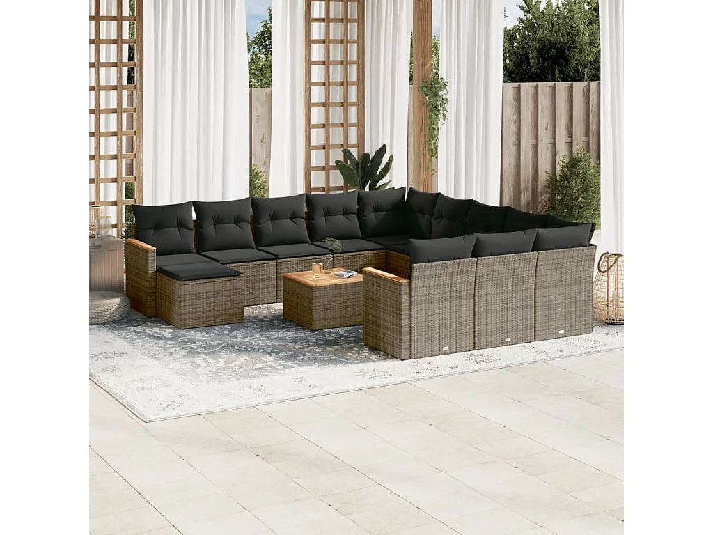 Salon de jardin avec coussins 13 pcs gris résine tressée