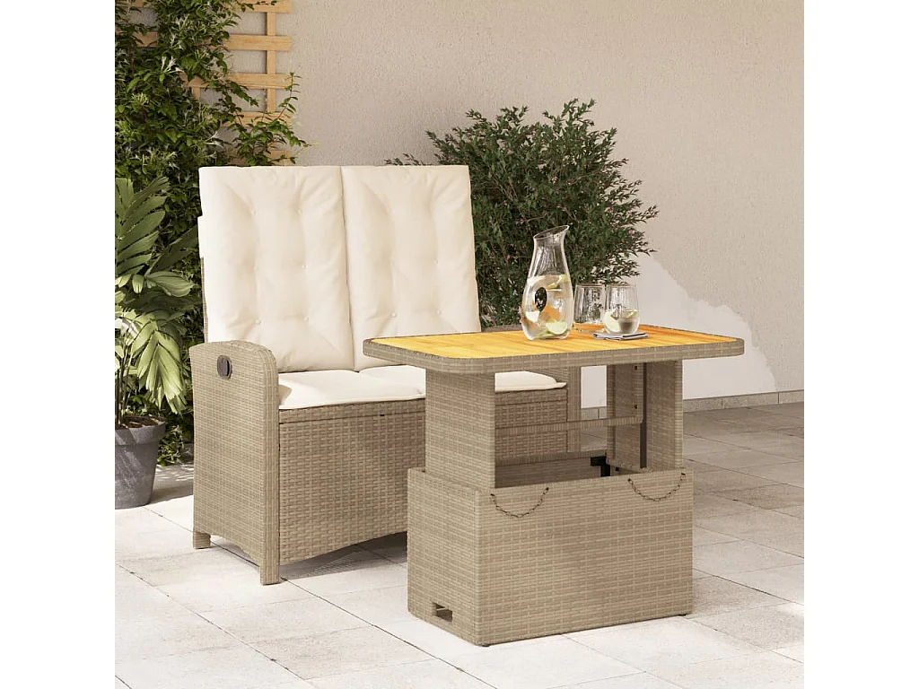 Ensemble à manger de jardin et coussins 2 pcs beige poly rotin