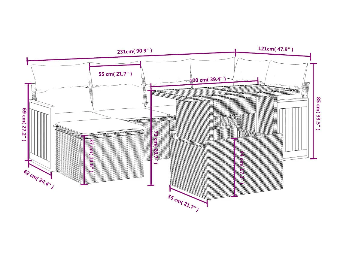 Salon de jardin 7 pcs avec coussins noir résine tressée