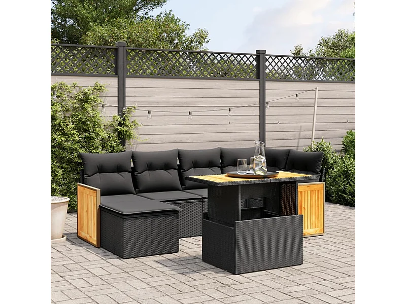 Salon de jardin 7 pcs avec coussins noir résine tressée