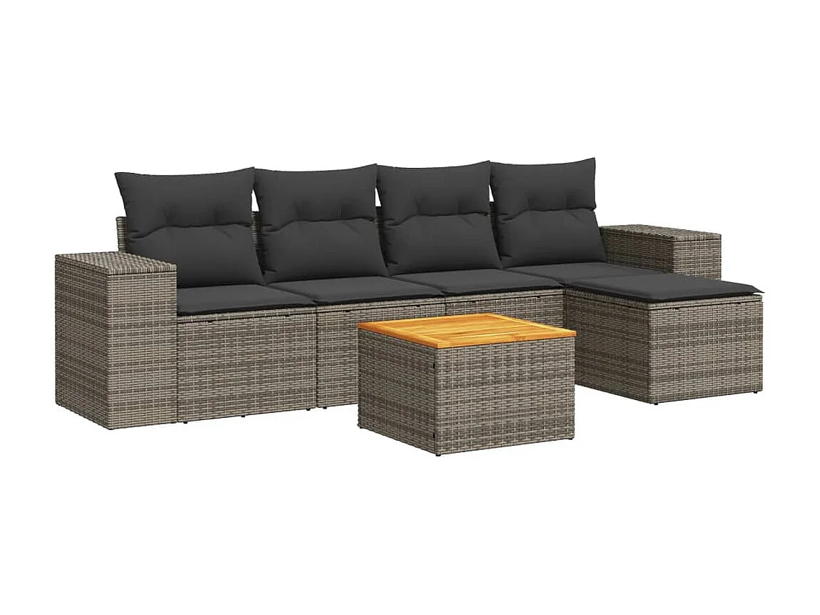 Salon de jardin 6 pcs avec coussins gris résine tressée