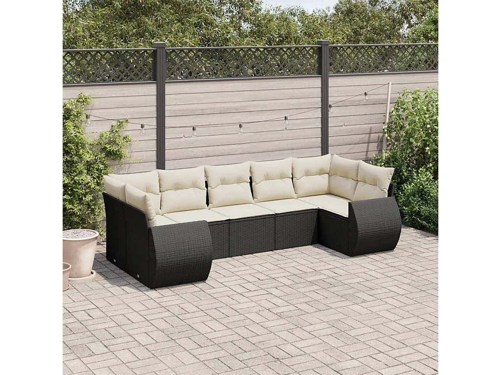 Salon de jardin 7 pcs avec coussins noir résine tressée
