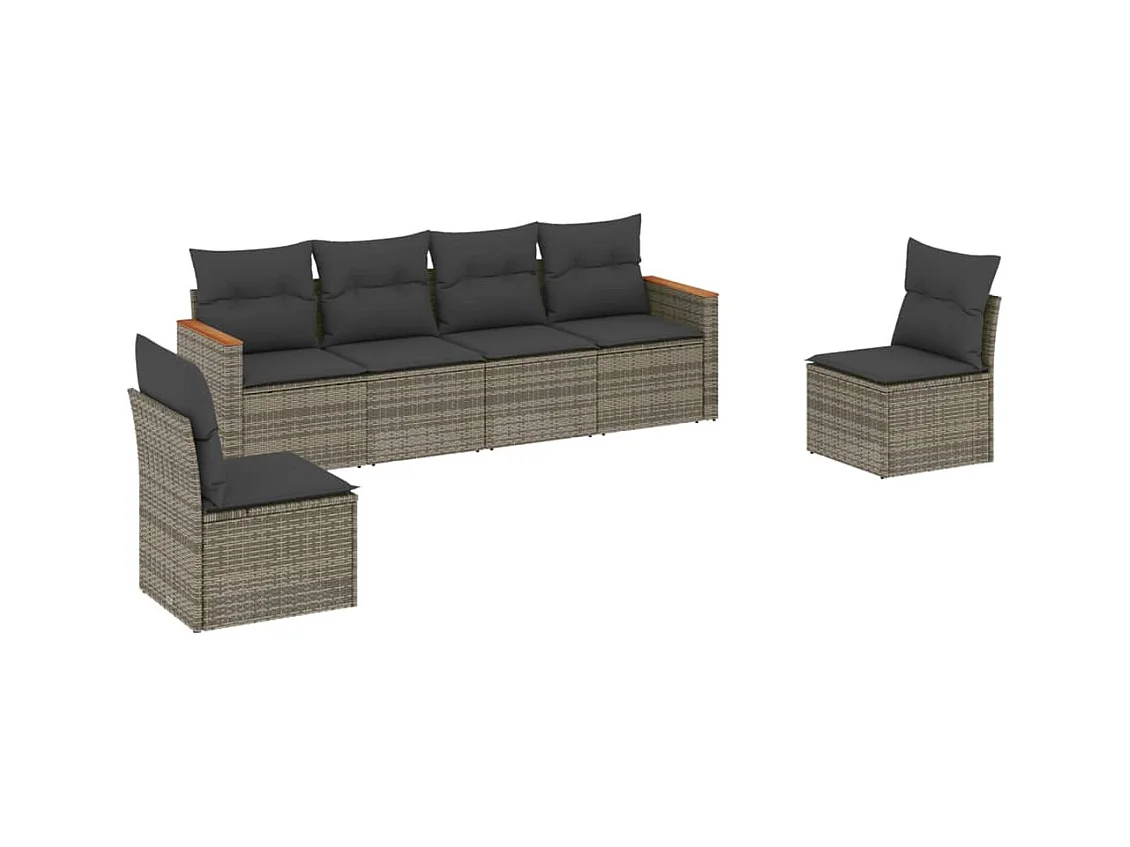 Salon de jardin 6 pcs avec coussins gris résine tressée
