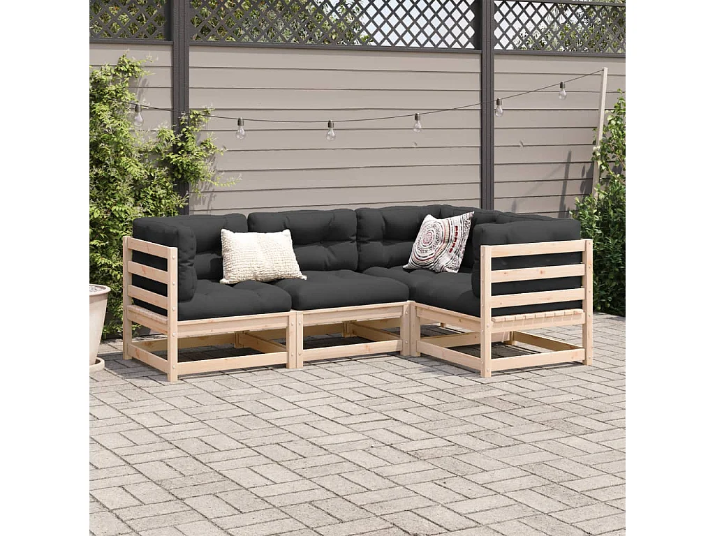 Salon de jardin 4 pcs avec coussins bois de pin massif