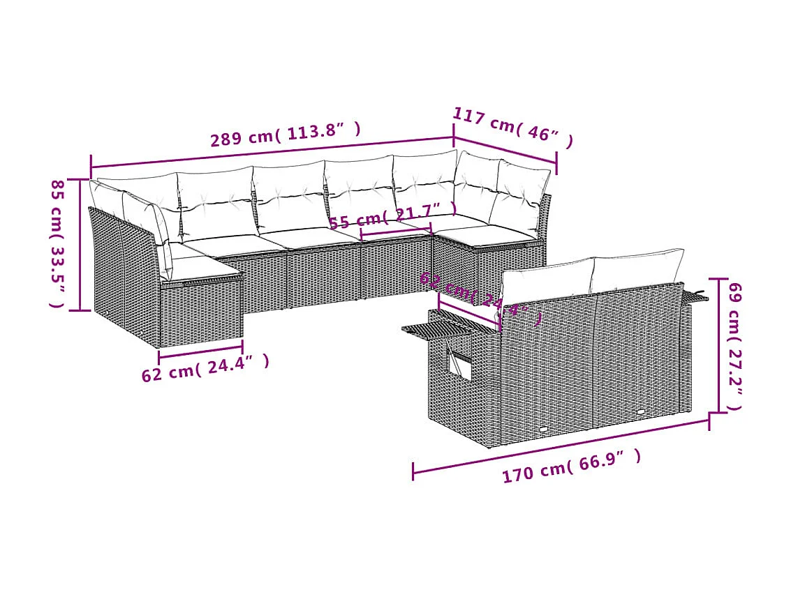 Salon de jardin 9 pcs avec coussins gris résine tressée