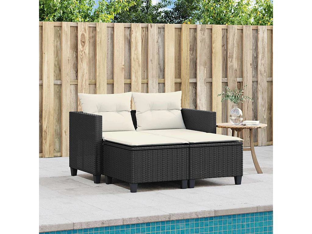 Canapé de jardin 2 places avec tabourets noir résine tressée