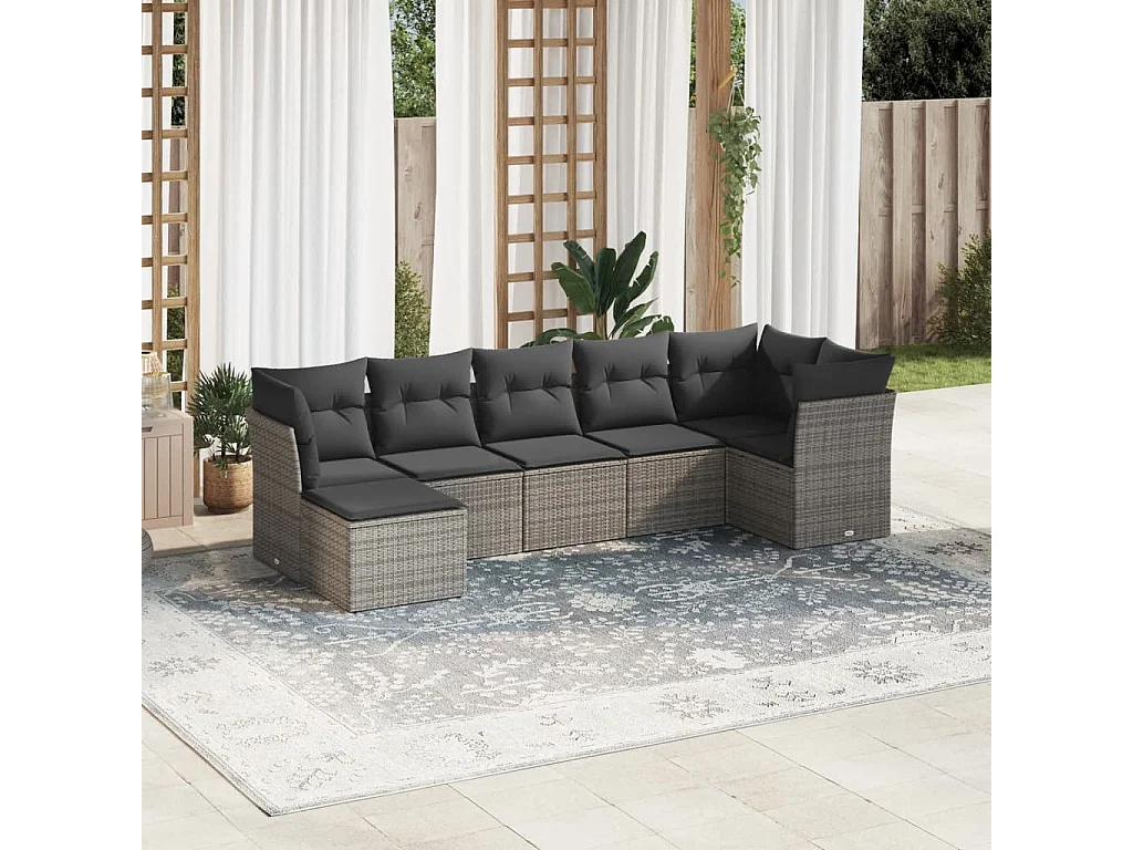 Salon de jardin avec coussins 7 pcs gris résine tressée