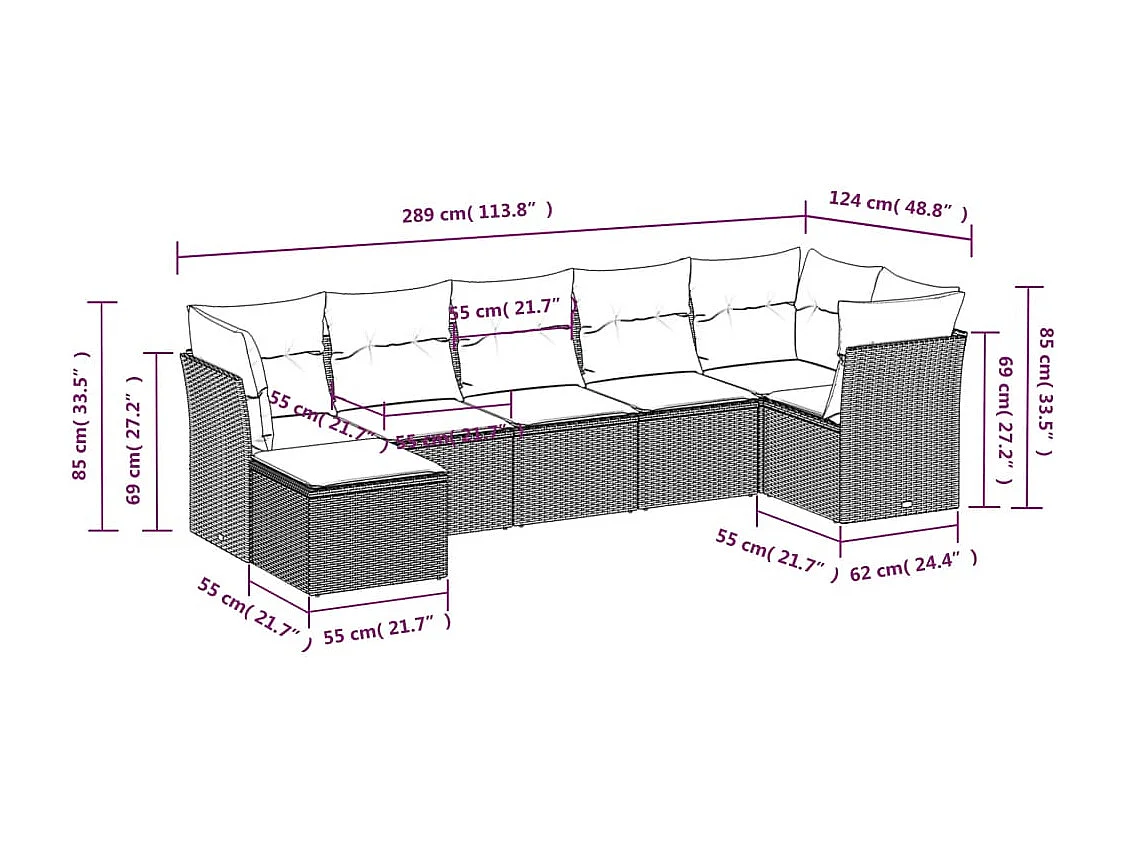 Salon de jardin avec coussins 7 pcs gris résine tressée