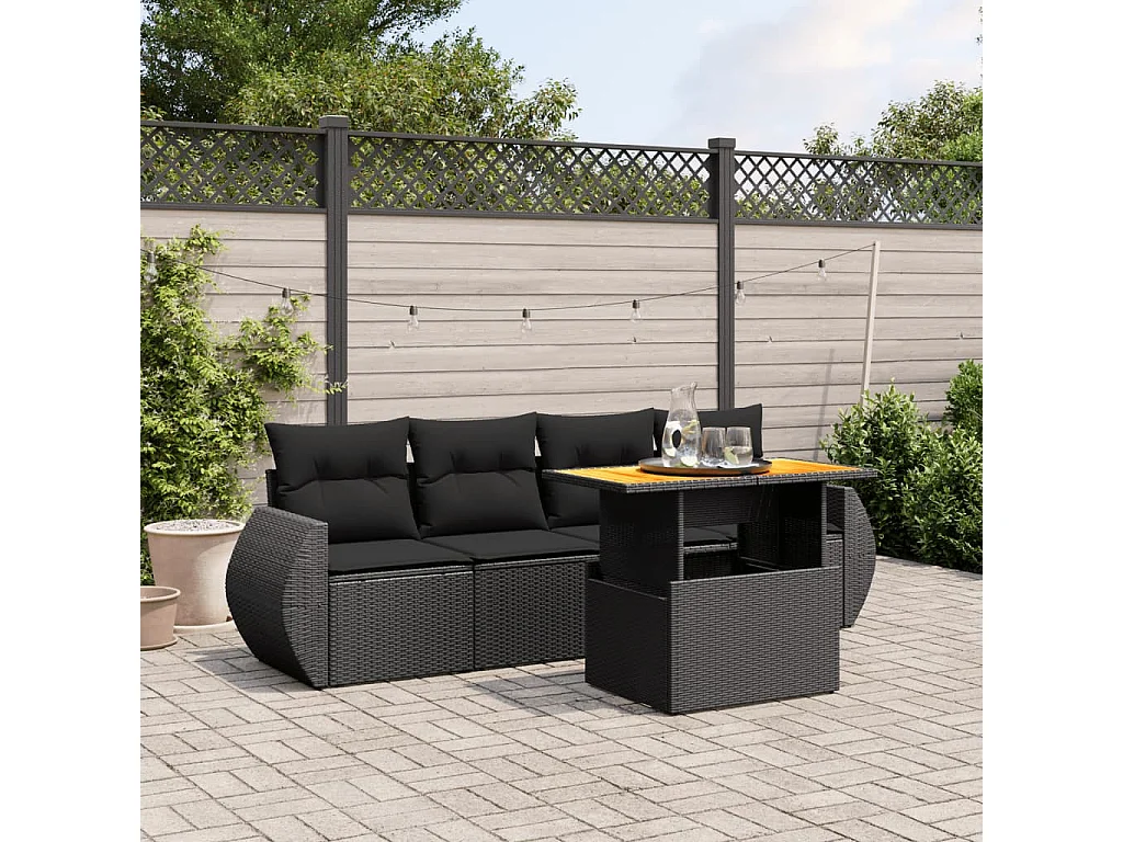 Salon de jardin 5 pcs avec coussins noir résine tressée