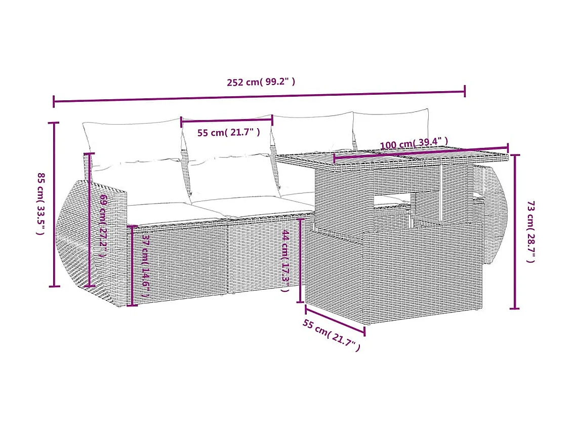 Salon de jardin 5 pcs avec coussins noir résine tressée