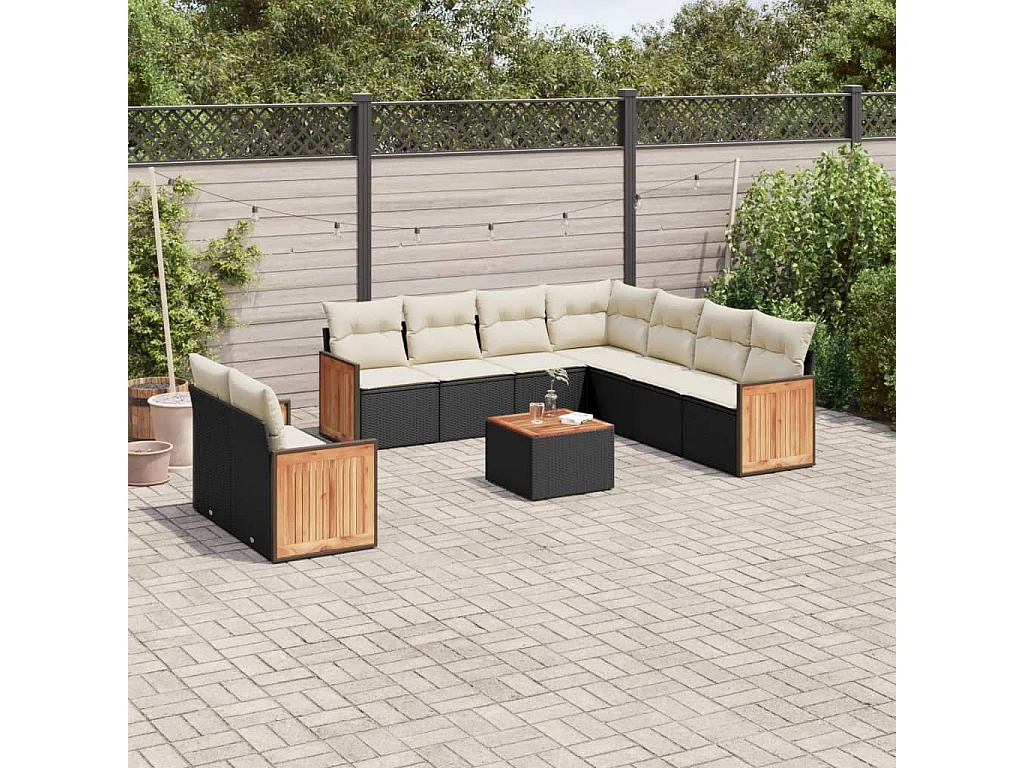 Salon de jardin 10 pcs avec coussins noir résine tressée