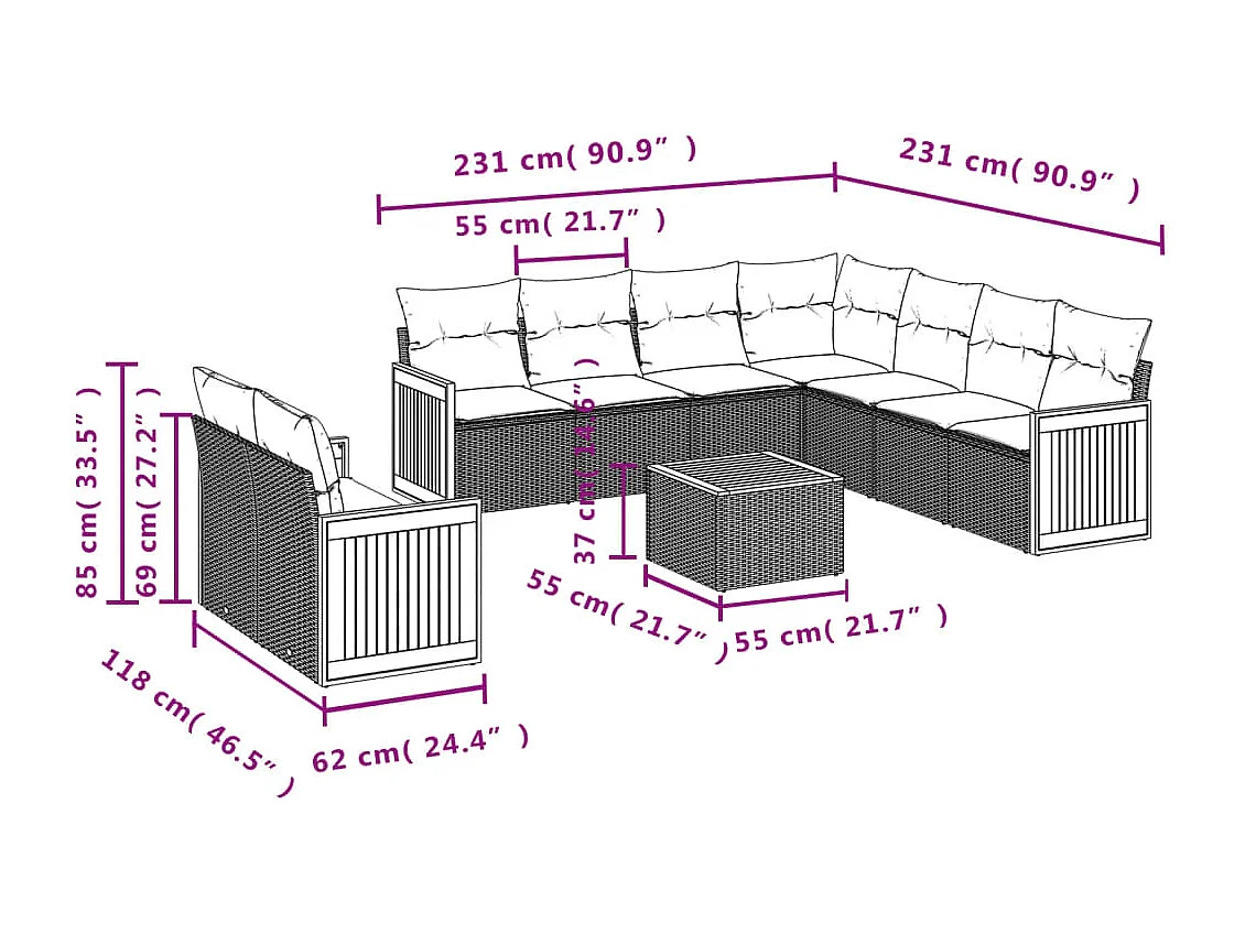 Salon de jardin 10 pcs avec coussins noir résine tressée